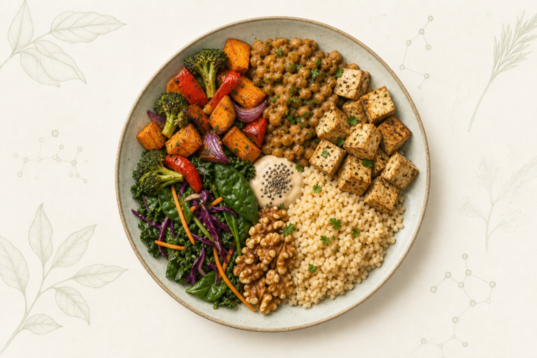 Balanced vegan plate with vegetables, chickpeas, tofu, bulgur, walnuts and tahini