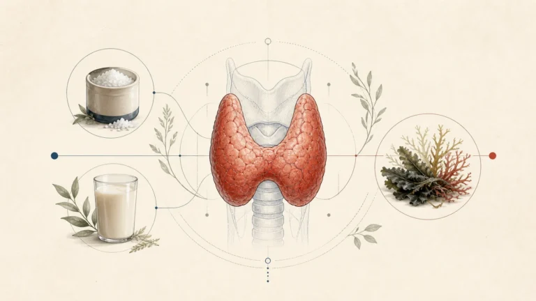 Scientific illustration of the thyroid with iodised salt, a fortified plant drink and seaweed