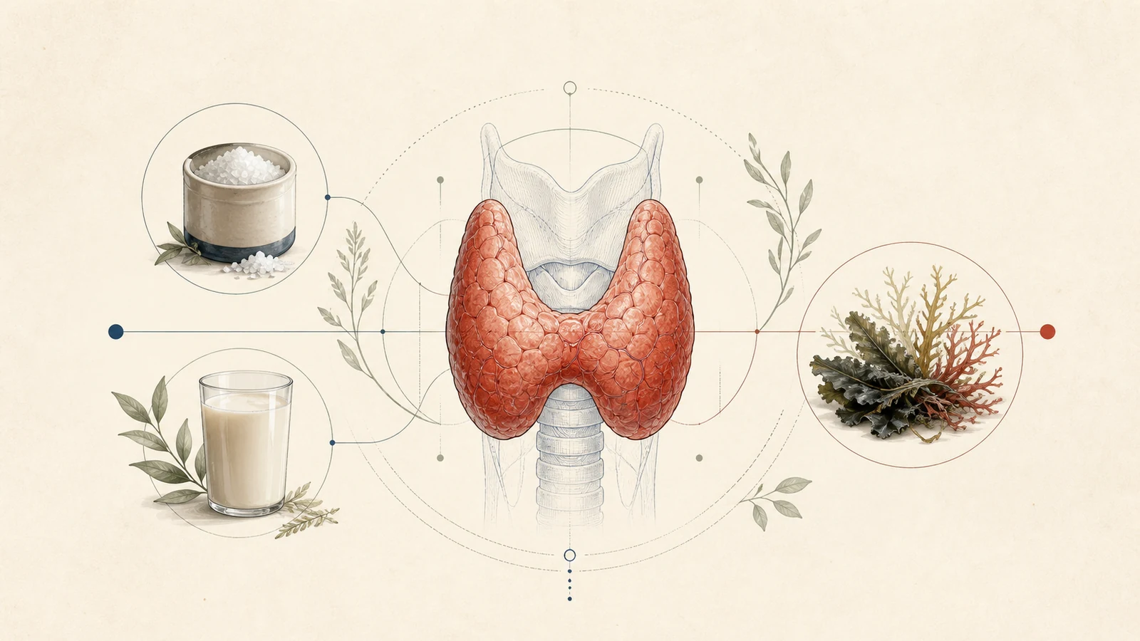 Scientific illustration of the thyroid with iodised salt, a fortified plant drink and seaweed
