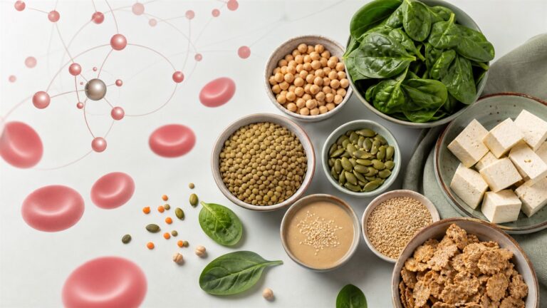 Scientific cover image showing iron-rich vegan foods and stylized red blood cells