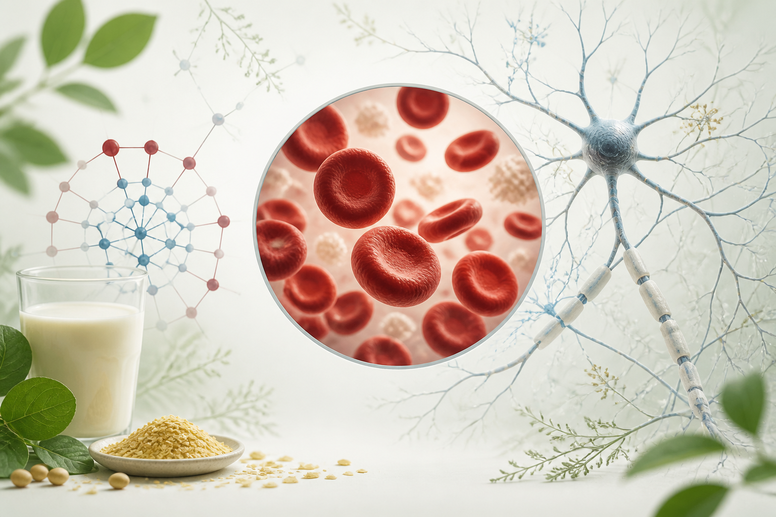 Vitamin B12’nin kırmızı kan hücreleri, sinir sistemi ve zenginleştirilmiş bitkisel kaynaklarla ilişkisini gösteren bilimsel illüstrasyon