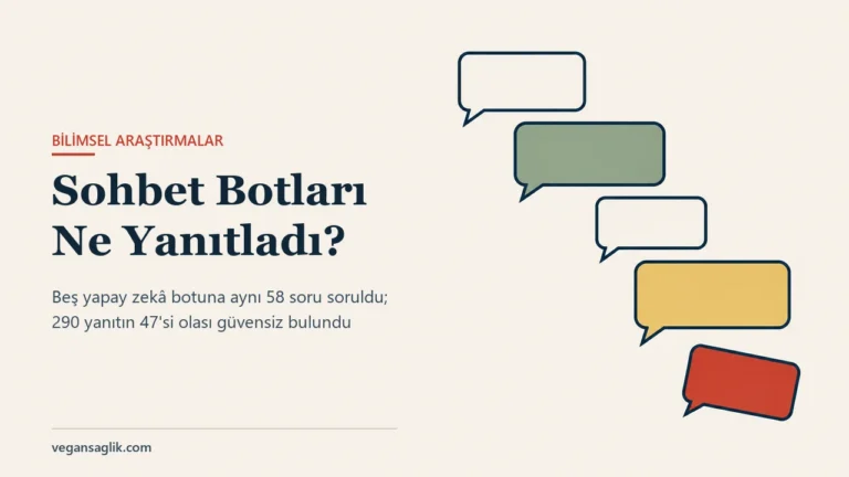 Yapay zekâ sohbet botlarının vegan beslenme yanıtları yazısının editoryal kapağı. Sağda beş boş konuşma balonu, sağ aşağıya doğru çapraz bir kademe hâlinde iniyor. Balonlar birbirinden farklı boyutta: birinci ve üçüncü kâğıt renginde, ikinci adaçayı yeşili, dördüncü altın sarısı. En alttaki beşinci balon kiremit kırmızısı ve diğer dördünün çizgisinin dışında hafifçe eğik duruyor. Balonların içi tamamen boş, hiçbirinde yazı yok. Solda Sohbet Botları Ne Yanıtladı başlığı ve beş bota aynı 58 sorunun sorulduğu, 290 yanıtın 47'sinin olası güvensiz bulunduğu satırı.