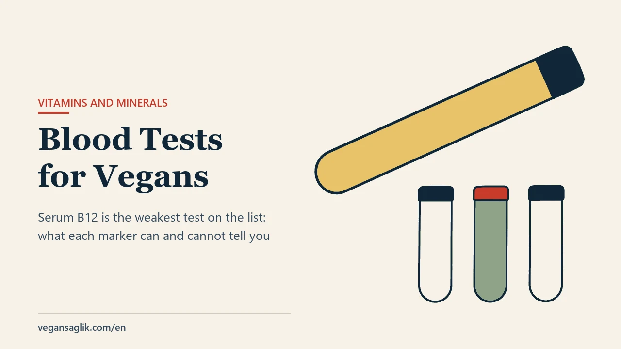 Editorial cover for an article on which blood tests vegans should monitor. At the upper right, one large sample tube lies tilted toward the upper right; its body is flat soft gold, the stopper at its right end is dark navy, and it carries no graduation marks or label. Below and to the right, three small upright sample tubes stand at the same baseline: the left and right ones in warm paper and empty, the middle one filled with sage green. Only the middle tube has a brick red stopper; the other two are navy. There is no blood, needle or red liquid anywhere in the image. On the left, the title Blood Tests for Vegans and the line saying serum B12 is the weakest test on the list and what each marker can and cannot tell you.