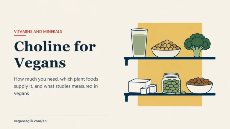 Editorial cover for a guide to choline in a vegan diet. On the right, two plain navy kitchen shelves stand in front of a flat gold panel: on the upper shelf a tall glass of pale green plant drink, a bowl of chickpeas and a broccoli floret; on the lower shelf a block of tofu with two cut cubes, an open jar of pumpkin seeds and a bowl of cooked beans. On the left, the title Choline for Vegans and the line how much you need, which plant foods supply it, and what studies measured in vegans.