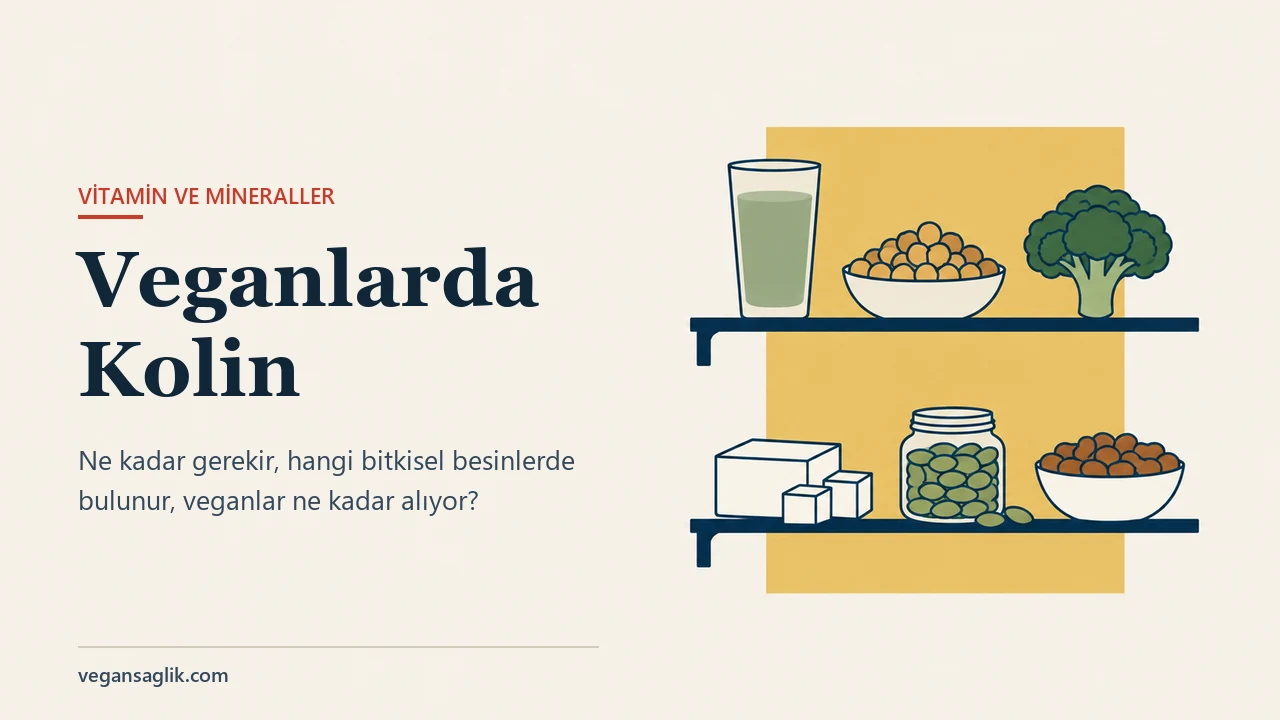 Vegan beslenmede kolin rehberinin editoryal kapağı. Sağda, düz altın rengi bir panelin önünde iki lacivert mutfak rafı duruyor: üst rafta soluk yeşil bitkisel içecek dolu uzun bir bardak, bir kâse nohut ve bir brokoli; alt rafta iki küpü kesilmiş bir tofu bloğu, açık bir kavanoz kabak çekirdeği ve bir kâse haşlanmış fasulye. Solda Veganlarda Kolin başlığı ve ne kadar gerekir, hangi bitkisel besinlerde bulunur, veganlar ne kadar alıyor sorusu.
