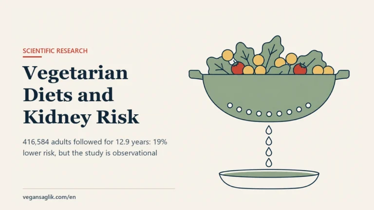 Editorial cover for an article on vegetarian diets and chronic kidney disease risk. On the right, a sage green kitchen colander with two side handles holds green leaves, round soft gold lentils and two small red tomatoes. A single row of small round drain holes runs along the lower curve of the colander. Four water droplets fall vertically from beneath the holes toward a shallow wide dish waiting below. On the left, the title Vegetarian Diets and Kidney Risk and the line about 416,584 adults followed for 12.9 years, a 19% lower risk, and the study being observational.