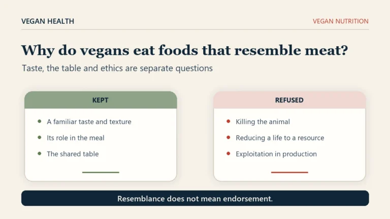 Editorial cover. A box headed kept lists a familiar taste and texture, its role in the meal, and the shared table; a box headed refused lists killing the animal, reducing a life to a resource, and exploitation in production. A footer reads resemblance does not mean endorsement.
