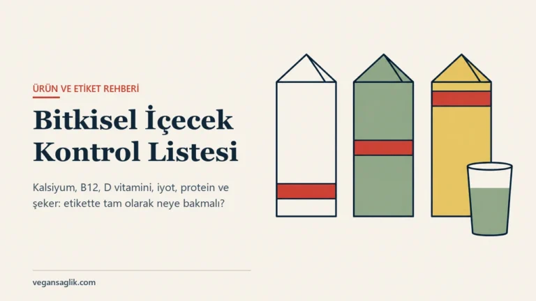 Zenginleştirilmiş bitkisel içecek kontrol listesi yazısının editoryal kapağı. Sağda yan yana üç adet üçgen tepeli içecek kartonu duruyor: soldaki kâğıt renginde, ortadaki adaçayı yeşili, sağdaki altın sarısı. Her kartonun gövdesinde tek bir kiremit kırmızısı yatay bant var ve üç bandın yüksekliği birbirinden farklı; soldakinde altta, ortadakinde ortada, sağdakinde üstte. Kartonların önünde yarıdan biraz fazla soluk yeşil sıvı dolu sade bir bardak duruyor. Solda Bitkisel İçecek Kontrol Listesi başlığı ve kalsiyum, B12, D vitamini, iyot, protein ve şeker için etikette neye bakmalı satırı.
