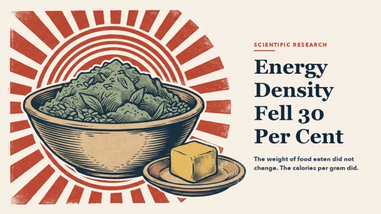 A wide earthenware bowl heaped full beside a much smaller plate holding one dense golden cube, with a red ray medallion behind. Engraving-style illustration, right half left empty for the headline.