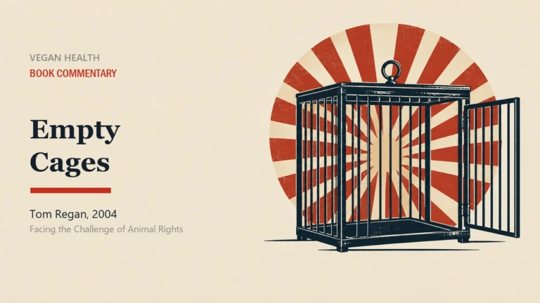 Article cover. On the right, an empty old-fashioned rectangular wire cage drawn in thick dark lines; its front door hangs fully open and a carrying ring sits on top. A circular medallion of red radiating rays behind the cage shows through the bars and the open doorway. On the left is the article title: Book commentary, Empty Cages, Tom Regan, 2004, Facing the Challenge of Animal Rights. Drawn in the style of a vintage print poster.
