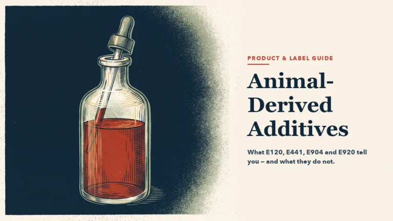 An unlabelled apothecary bottle with a dropper, holding a deep red liquid, against a dark navy field. Engraving-style illustration, right half left empty for the headline.