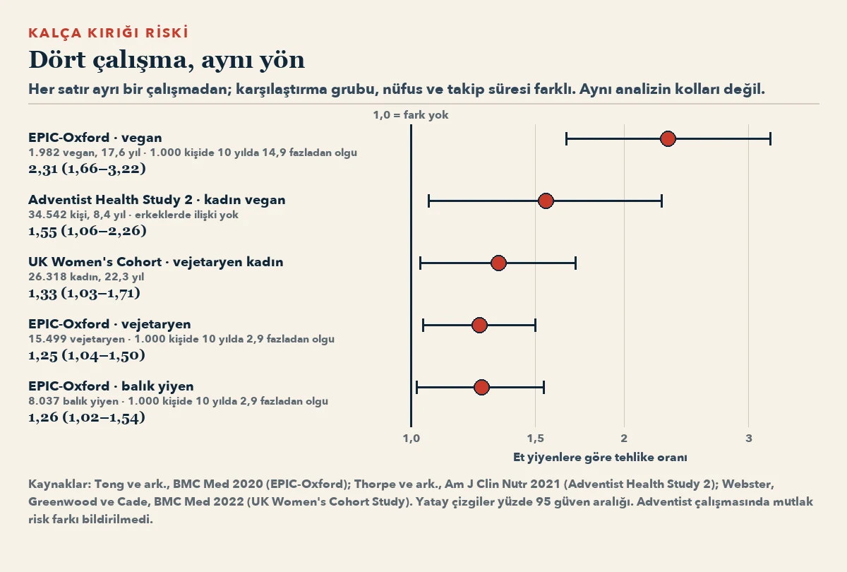 Orman grafiği: dört çalışmada kalça kırığı için tehlike oranları. EPIC-Oxford'da veganlarda 2,31, Adventist Health Study 2'de kadın veganlarda 1,55, UK Women's Cohort'ta vejetaryen kadınlarda 1,33, EPIC-Oxford'da vejetaryenlerde 1,25 ve balık yiyenlerde 1,26. Yatay çizgiler yüzde 95 güven aralığını gösteriyor.