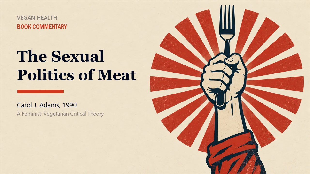 Editorial cover of the book commentary on The Sexual Politics of Meat. In a screenprint poster style, a raised fist grips a fork by its handle; a rolled red sleeve covers the forearm and a red sunburst medallion sits behind. The book title, Carol J. Adams and the year 1990 appear on the left.