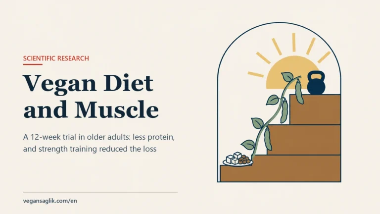 Editorial cover for an article on a vegan diet and muscle in older adults. On the right, inside a tall arched frame, three brown steps rise towards a gold half sun; a green bean vine with hanging pods climbs beside the steps from a small plate of tofu cubes and beans on the lowest step, and a small navy kettlebell stands on the top step. On the left, the title Vegan Diet and Muscle and the line a 12-week trial in older adults: less protein, and strength training reduced the loss.