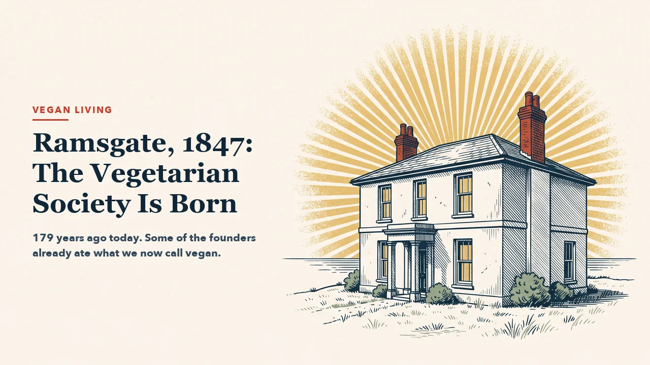 An engraving-style two-storey early-Victorian seaside villa with golden rays behind it and a thin sea horizon in the distance. The left half is left empty for the article headline.