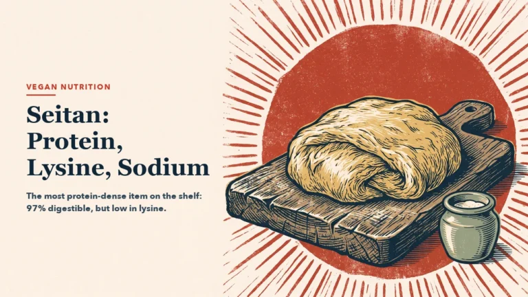 A single mass of wheat gluten on a wooden board with a red ray medallion behind it and a small earthenware salt cellar beside it. Engraving-style illustration, left half left empty for the headline.