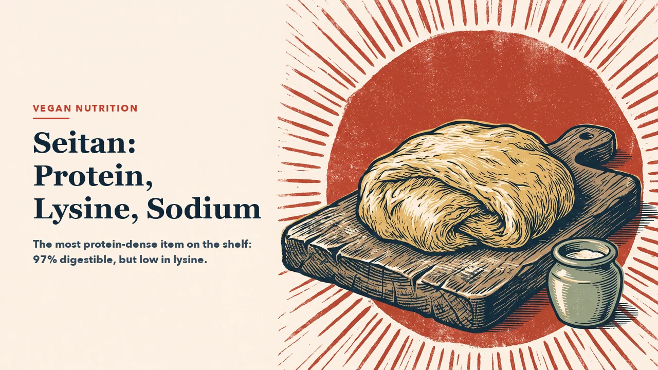 A single mass of wheat gluten on a wooden board with a red ray medallion behind it and a small earthenware salt cellar beside it. Engraving-style illustration, left half left empty for the headline.