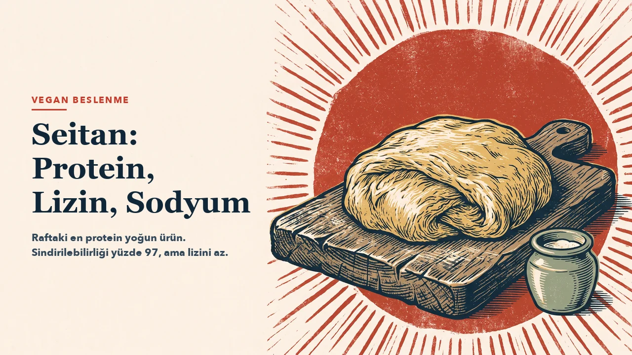 Tahta bir kesme tahtası üzerinde tek parça gluten kütlesi; arkasında kırmızı ışın madalyonu, yanında küçük bir toprak tuzluk. Oyma baskı üslubunda çizim; sol yarıda başlık için boş alan.