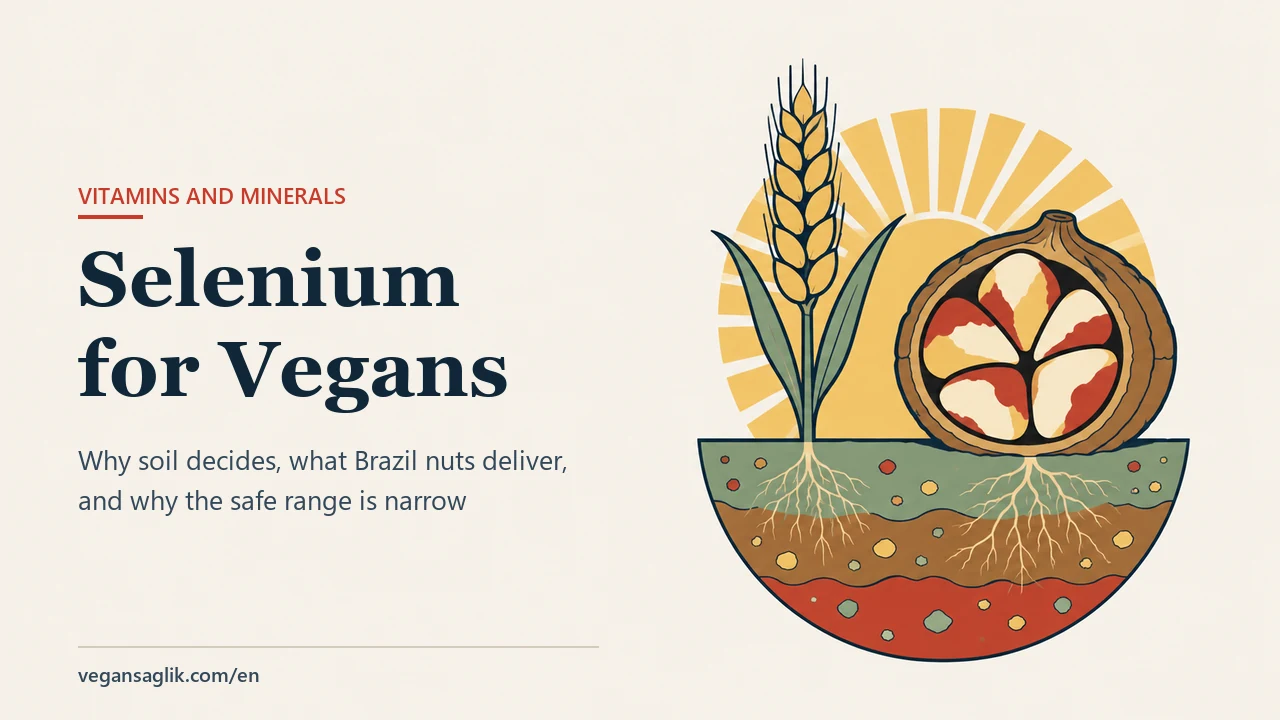 Editorial cover for a selenium guide for vegans. On the right, a circular cutaway of three soil layers with mineral grains; a ripe wheat stalk and an opened Brazil nut pod showing its packed nuts grow from the soil, their roots reaching into the layers, in front of flat golden rays. On the left, the title Selenium for Vegans and the line why soil decides, what Brazil nuts deliver, and why the safe range is narrow.