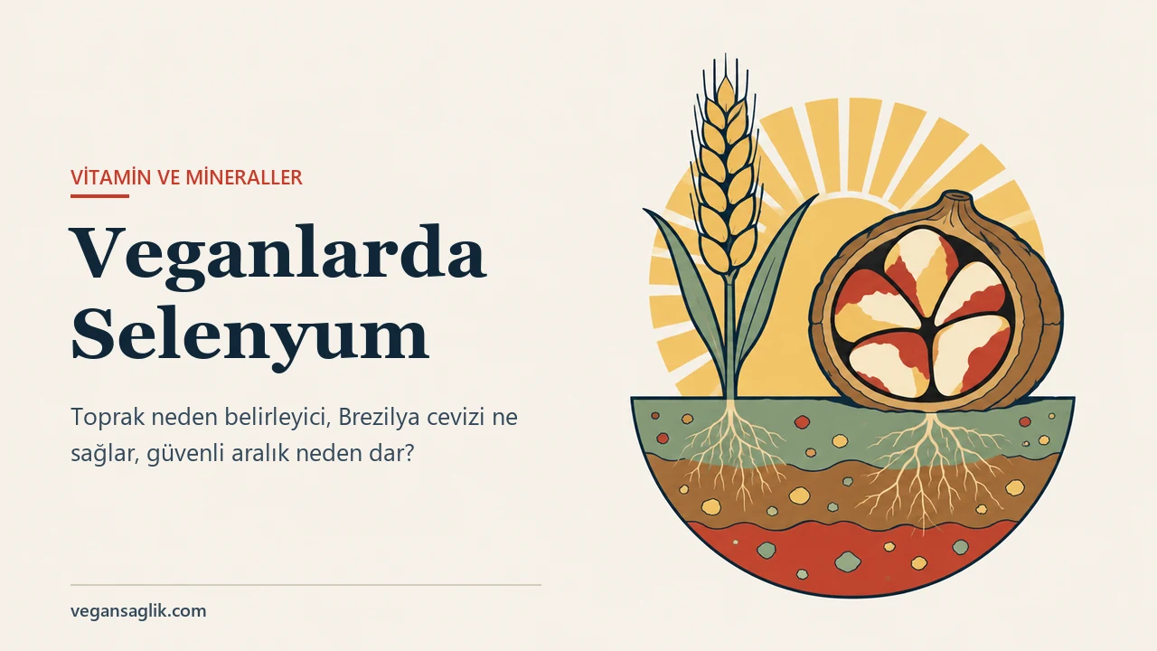 Veganlar için selenyum rehberinin editoryal kapağı. Sağda mineral taneli üç toprak katmanını gösteren dairesel bir kesit; topraktan olgun bir buğday başağı ve içindeki sıkı dizilmiş cevizleri görünen açık bir Brezilya cevizi kabuğu yükseliyor, kökleri katmanlara uzanıyor, arkada düz altın rengi ışınlar var. Solda Veganlarda Selenyum başlığı ve toprak neden belirleyici, Brezilya cevizi ne sağlar, güvenli aralık neden dar sorusu.