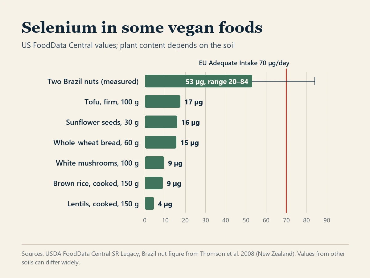 Horizontal bar chart titled Selenium in some vegan foods, using US FoodData Central values, with a red reference line at the EU Adequate Intake of 70 micrograms a day. Two Brazil nuts measured in a trial: 53 micrograms, range 20 to 84. Firm tofu, 100 grams: 17. Sunflower seeds, 30 grams: 16. Whole-wheat bread, 60 grams: 15. White mushrooms, 100 grams: 9. Cooked brown rice, 150 grams: 9. Cooked lentils, 150 grams: 4. A note says plant content depends on the soil.