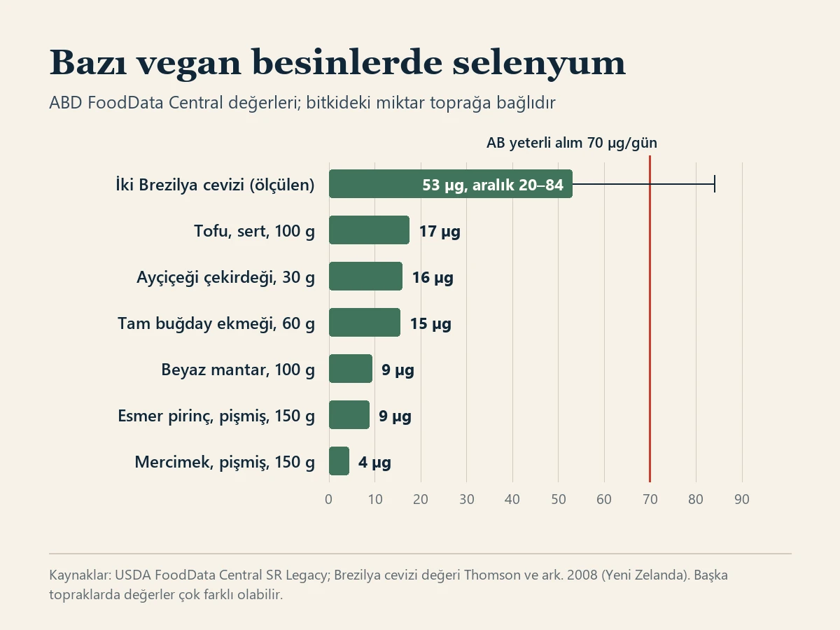 Bazı vegan besinlerde selenyum başlıklı yatay çubuk grafik; ABD FoodData Central değerleri, günde 70 mikrogramlık AB yeterli alım değerinde kırmızı bir referans çizgisiyle. Bir denemede ölçülen iki Brezilya cevizi: 53 mikrogram, aralık 20 ile 84. Sert tofu, 100 gram: 17. Ayçiçeği çekirdeği, 30 gram: 16. Tam buğday ekmeği, 60 gram: 15. Beyaz mantar, 100 gram: 9. Pişmiş esmer pirinç, 150 gram: 9. Pişmiş mercimek, 150 gram: 4. Bir not bitkideki miktarın toprağa bağlı olduğunu söylüyor.