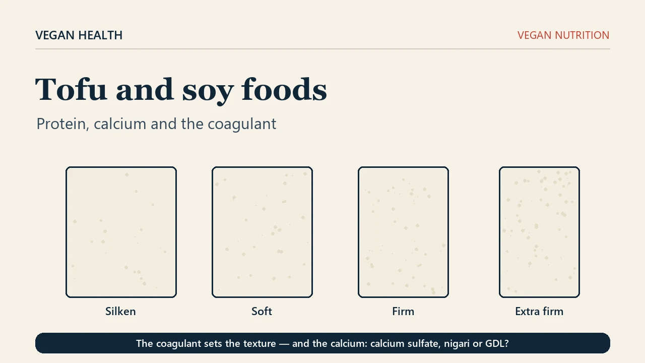 Editorial cover showing four blocks of tofu of increasing firmness, labelled silken, soft, firm and extra firm, above a footer reading the coagulant sets the texture and the calcium.