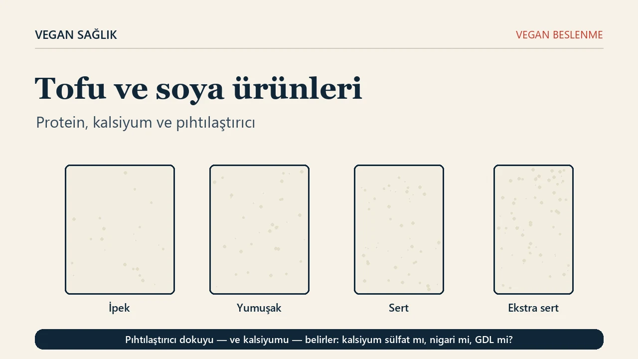 Sertlik derecesine göre dizilmiş dört tofu bloğu: ipek, yumuşak, sert ve ekstra sert; altta pıhtılaştırıcı dokuyu ve kalsiyumu belirler yazan bir bant.