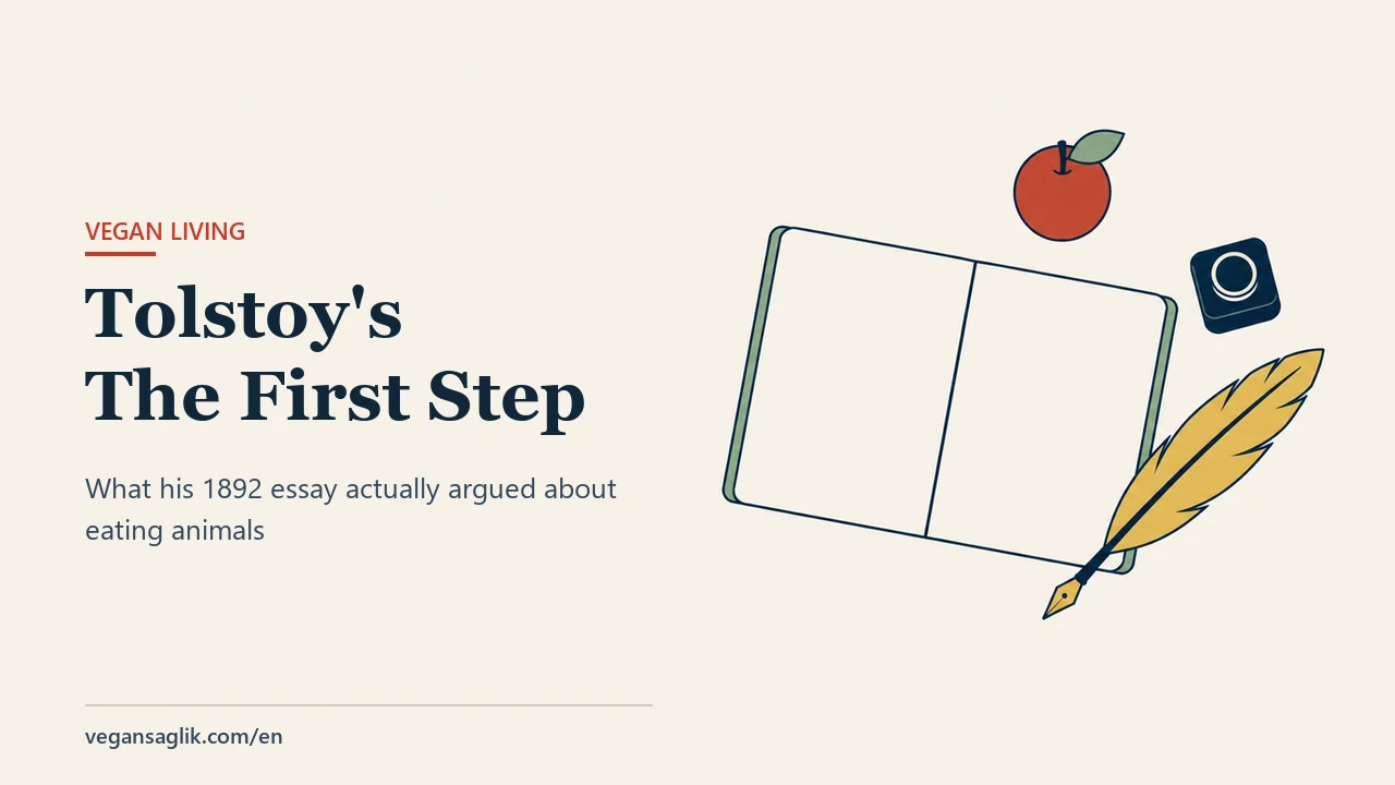 Editorial cover for an article on Tolstoy's 1892 essay The First Step. On the right, an open notebook is seen from directly above; both facing pages are completely blank, with a sage green cover band showing along the outer edge. A small red apple with a green leaf sits at the upper right, a dark navy ink bottle below it, and a soft gold feather quill lies diagonally beneath them with its tip pointing toward the corner of the notebook. No writing or lettering appears on any surface. On the left, the title Tolstoy's The First Step and the line about what his 1892 essay actually argued about eating animals.
