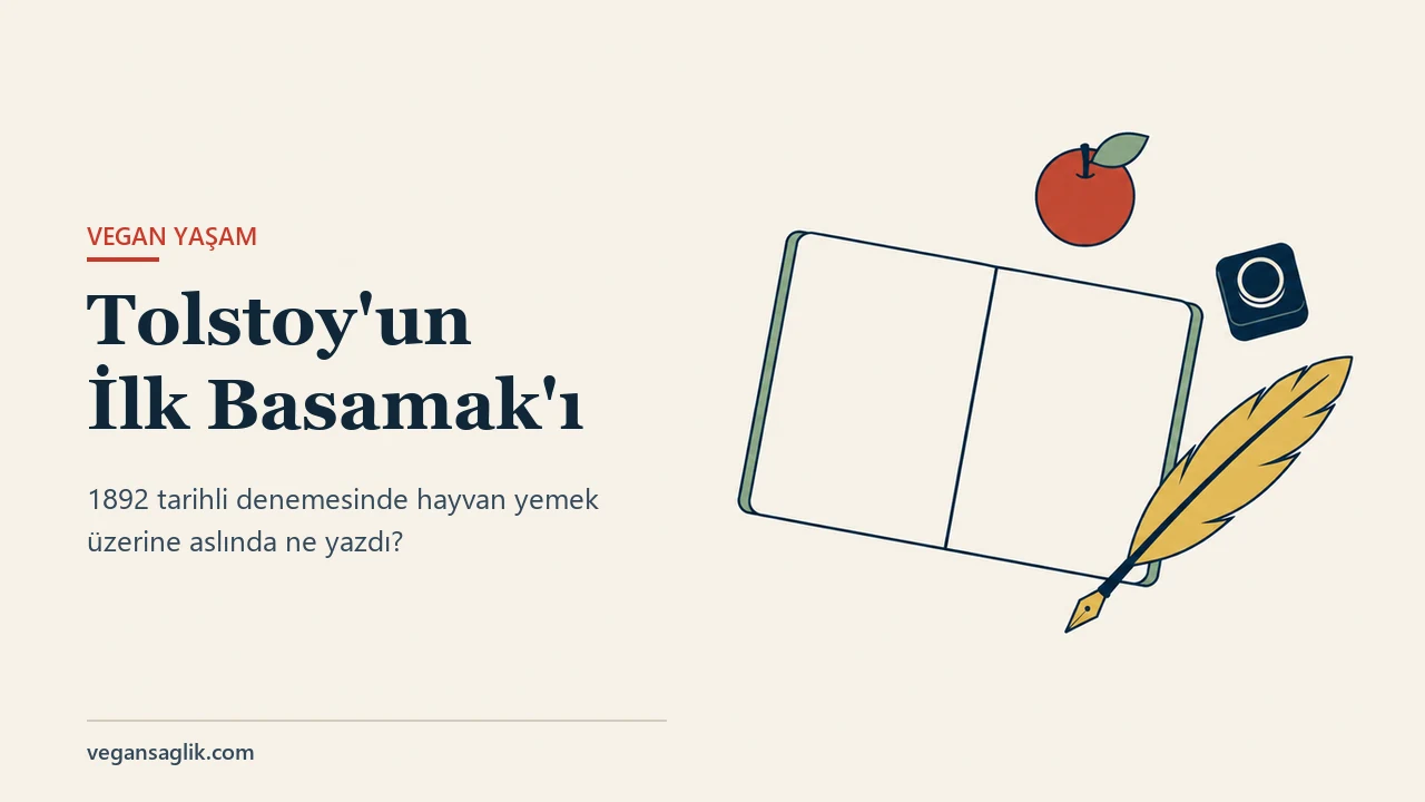 Tolstoy'un 1892 tarihli İlk Basamak denemesi üzerine yazının editoryal kapağı. Sağda yukarıdan bakılan açık bir defter duruyor; karşılıklı iki sayfası da bomboş, dış kenarında adaçayı yeşili kapak şeridi görünüyor. Defterin sağ üstünde yeşil yapraklı küçük kırmızı bir elma, onun sağ altında koyu lacivert bir mürekkep hokkası, hokkanın altında ise ucu defterin köşesine dönük altın sarısı bir tüy kalem uzanıyor. Hiçbir yüzeyde yazı ya da harf yok. Solda Tolstoy'un İlk Basamak'ı başlığı ve 1892 tarihli denemesinde hayvan yemek üzerine aslında ne yazdığı satırı.