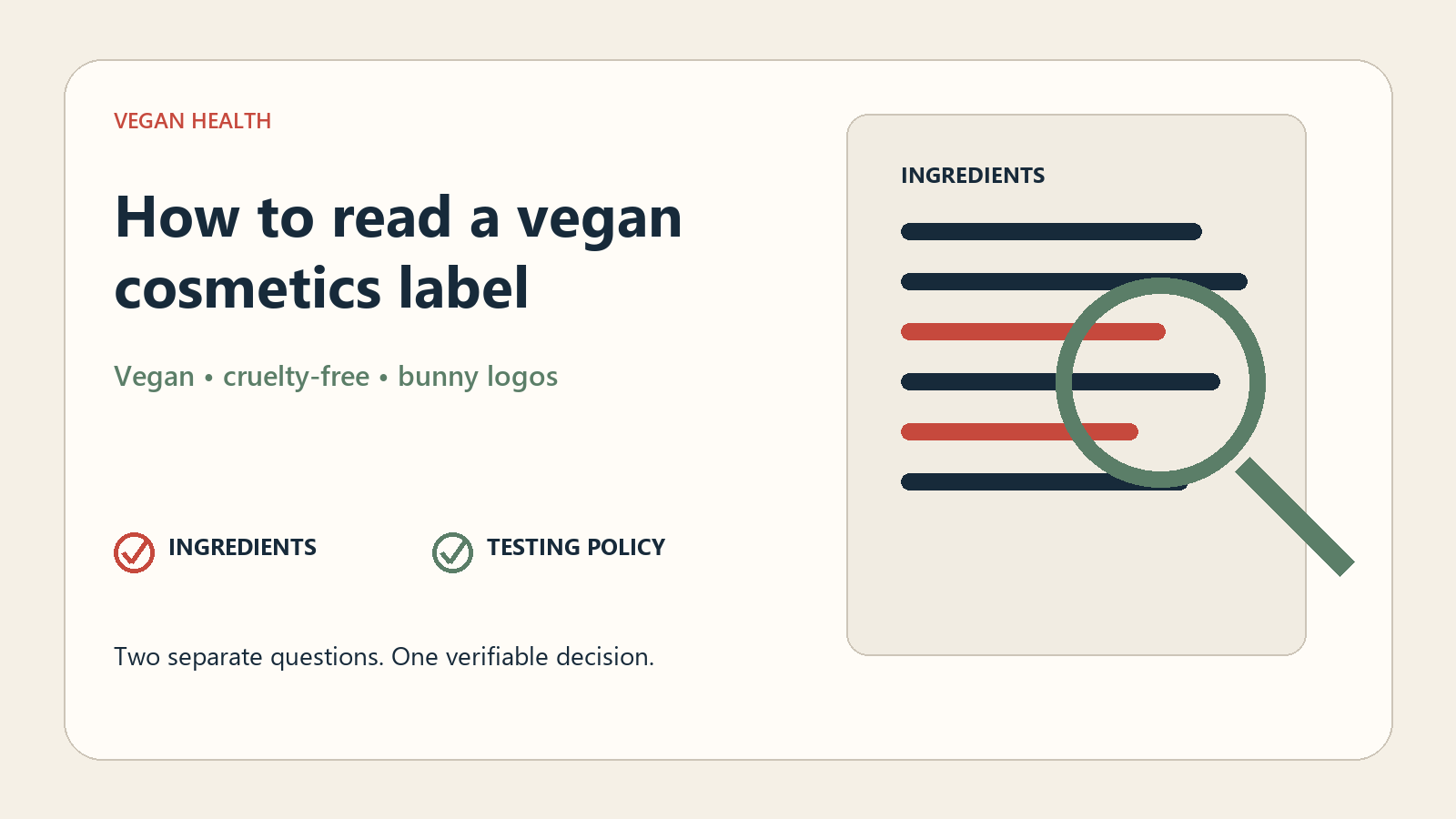 Cover of the vegan cosmetics label guide; ingredients and testing policy are shown as separate checks beside an ingredient list under a magnifier.