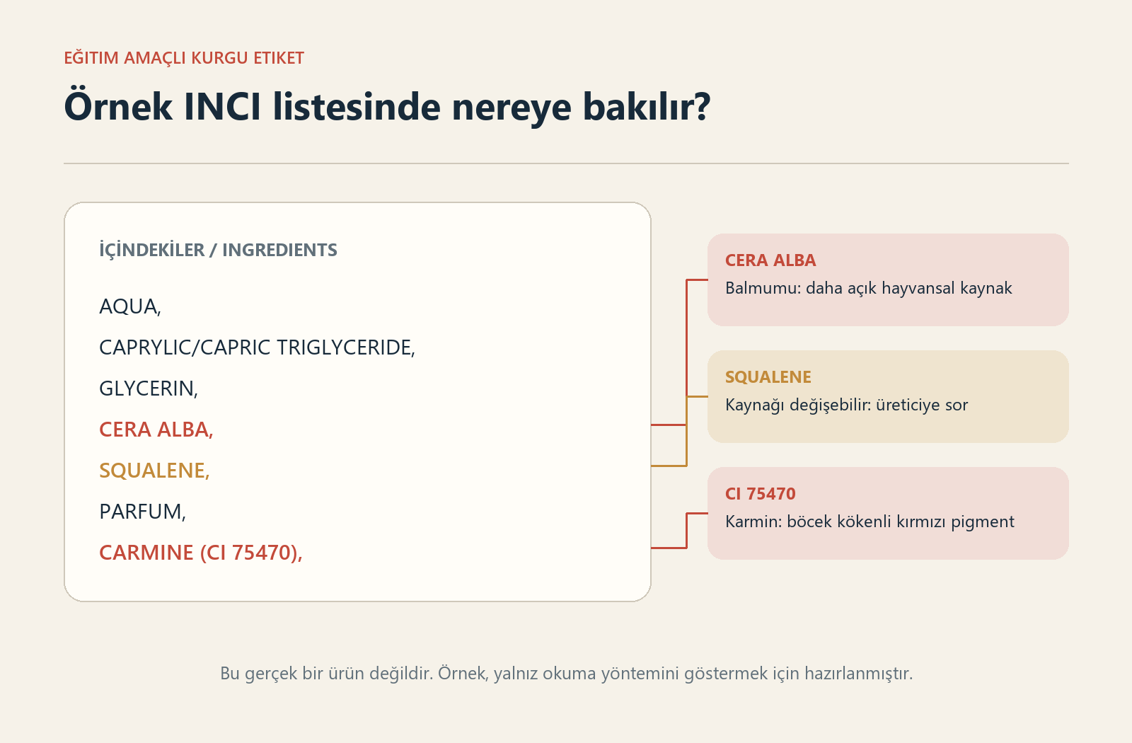 Kurgu bir içindekiler etiketinde Cera Alba balmumu, squalene kaynağı değişebilen bileşen, carmine veya CI 75470 ise böcek kökenli kırmızı pigment olarak işaretleniyor. Görselin gerçek ürün değil, eğitim amaçlı örnek olduğu belirtiliyor.