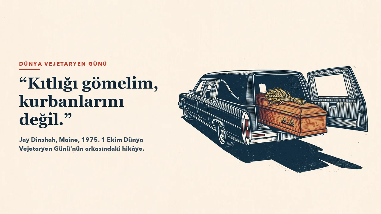 Oyma baskı üslubunda, arka kapısı açık 1970'lerden kalma bir cenaze arabası; arkasına üzerinde buğday demeti olan ahşap bir tabut yükleniyor. Solda Jay Dinshah'ın 1975'teki sözü: Kıtlığı gömelim, kurbanlarını değil.