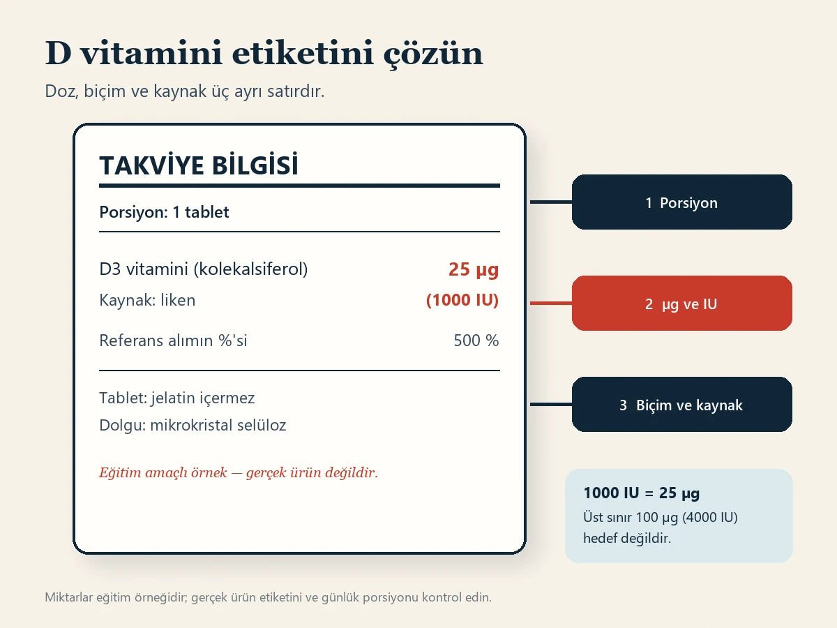 D vitamini takviyesi etiketinin eğitim amaçlı örneği. Bir tabletlik porsiyonda liken kaynaklı D3 vitamini 25 mikrogram, yani 1000 IU yazıyor ve tabletin jelatin içermediği belirtiliyor. Oklar porsiyon büyüklüğünü, mikrogram ve IU değerlerini, biçim ve kaynağı gösteriyor. Not, 1000 IU'nun 25 mikrogram olduğunu ve yetişkin üst sınırının 100 mikrogram yani 4000 IU olduğunu söylüyor.