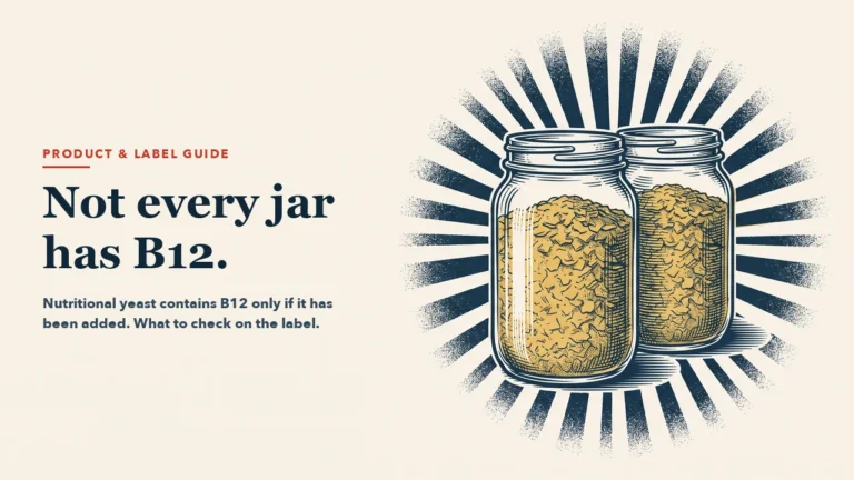 An engraving-style illustration of two identical glass jars filled with golden nutritional yeast flakes, standing side by side in front of navy rays. On the left, the headline: Not every jar has B12.