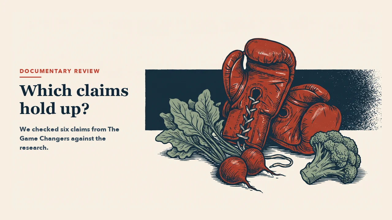 A pair of worn leather boxing gloves beside leafy beetroots and a head of broccoli, with a navy band behind. Headline: Which claims hold up?