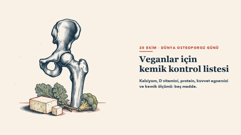Dik duran bir kalça kemiği ve uyluk kemiği çizimi; önünde bir blok tofu ve küpü, kara lahana yaprakları ve brokoli
