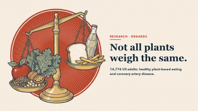 A brass balance scale: the lower pan holds lentils, chickpeas, a walnut, kale and an apple; the higher pan holds a slice of white bread, fries and an unlabelled soda bottle, against a red circle. Headline: Not all plants weigh the same.