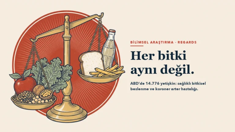 Pirinç bir terazi: alçakta duran kefede mercimek, nohut, ceviz, kara lahana ve elma; yukarıda kalan kefede beyaz ekmek dilimi, patates kızartması ve etiketsiz bir gazoz şişesi. Arkada kırmızı bir daire. Başlık: Her bitki aynı değil.