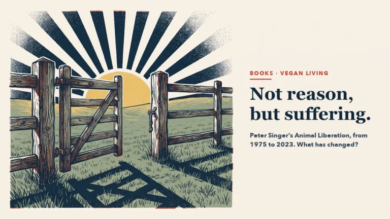 A wooden field gate swung wide open onto a green meadow, with navy rays and a gold sun behind it. Headline: Not reason, but suffering.