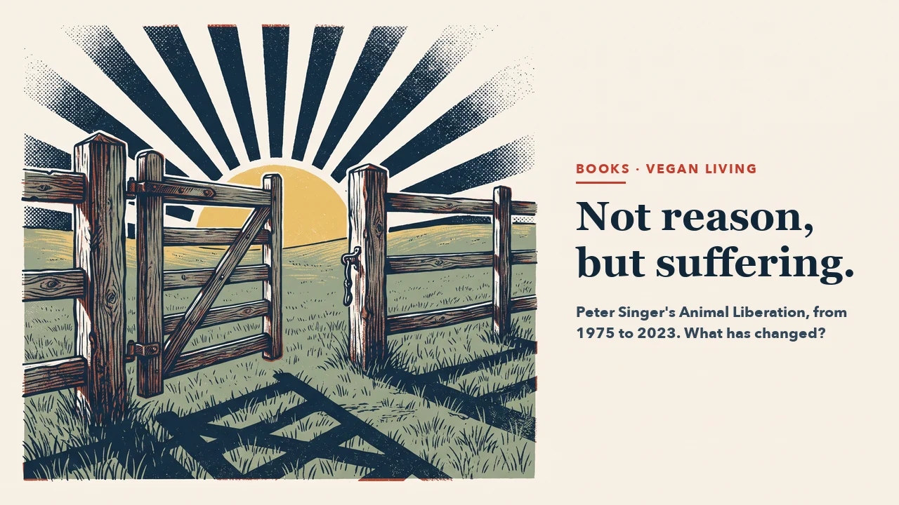 A wooden field gate swung wide open onto a green meadow, with navy rays and a gold sun behind it. Headline: Not reason, but suffering.
