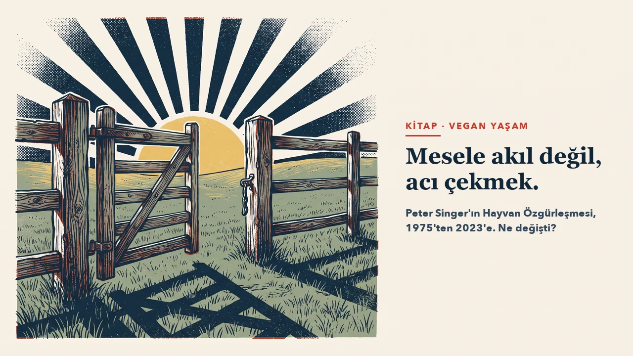 Çayıra açılan, ardına kadar açık ahşap bir çit kapısı; arkada lacivert ışınlar ve altın rengi güneş. Başlık: Mesele akıl değil, acı çekmek.