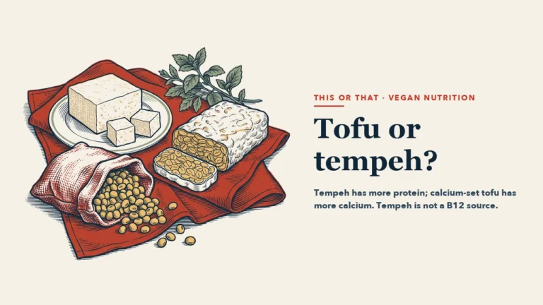 A block of tofu and cubes on a plate, sliced tempeh, a sack spilling soybeans and a sprig of herbs on a red linen cloth