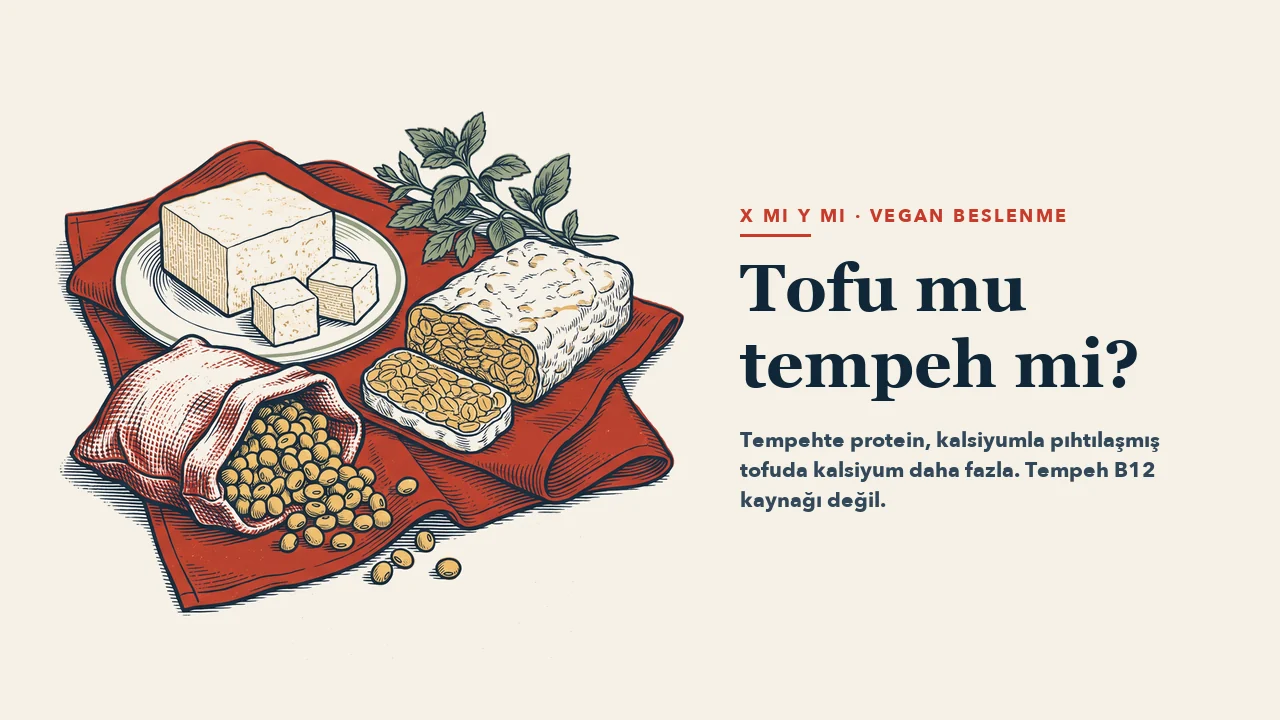 Kırmızı keten bez üzerinde tabakta bir blok tofu ve küpleri, dilimlenmiş tempeh, soya taneleri dökülen bir çuval ve yeşillik