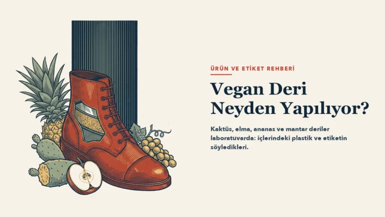 Lacivert dikey bant önünde, yan yüzündeki kesitte kumaş, köpük ve kaplama katmanları görünen kırmızı bir bot; çevresinde ananas, kaktüs, yarım elma ve üzüm