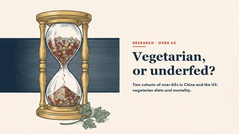 An antique brass hourglass with red lentils, chickpeas and rice falling in place of sand, a sprig of parsley at its foot and a wide navy band behind. Headline: Vegetarian, or underfed?