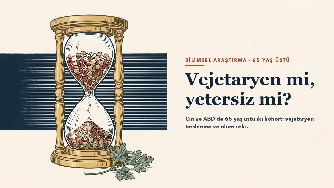 Pirinç ayaklı eski bir kum saati: kum yerine kırmızı mercimek, nohut ve pirinç akıyor; dibinde bir maydanoz dalı, arkada lacivert geniş bir bant. Başlık: Vejetaryen mi, yetersiz mi?