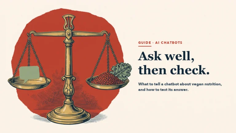 A blank paper speech bubble in one pan of an antique brass balance scale and red lentils with a kale leaf in the other, set against a torn red paper shape. Headline: Ask well, then check.