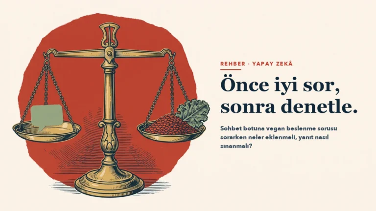 Kalın kâğıttan kesilmiş boş bir konuşma balonu iki kefeli pirinç bir terazinin bir kefesinde, öteki kefede kırmızı mercimek ve bir yaprak kara lahana; arkada kırmızı yırtık kâğıt zemin. Başlık: Önce iyi sor, sonra denetle.